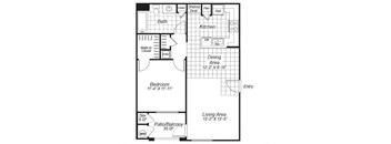 One bedroom one bathroom A2 floor plan at Bristol Apartment Homes in Dixon, CA
