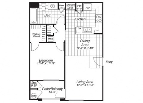 One bedroom one bathroom A2 floor plan at Bristol Apartment Homes in Dixon, CA