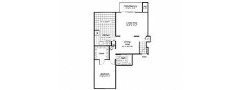 one bedroom one bathroom floor plan image at Oakfield Apartments