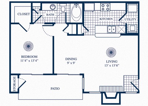 One bedroom floor plan at Tivoli Apartments in Dallas, Texas