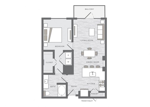 one bedroom floor plan at the Huntington Apartments in Plano TX