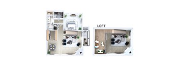 One bedroom floor plan Loft Model Living Room and Fireplace at Sky Rock Apartments in Longmont CO