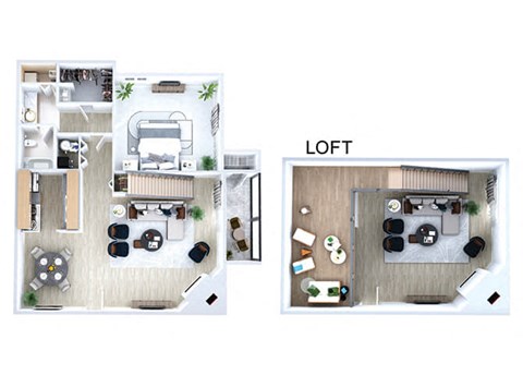 One bedroom floor plan Loft Model Living Room and Fireplace at Sky Rock Apartments in Longmont CO