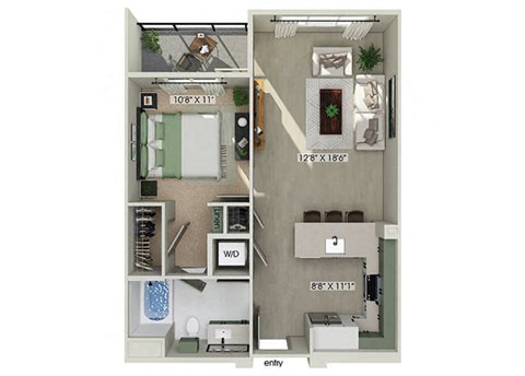 One bedroom floor plan at Rivair Apartment Homes in San Diego CA