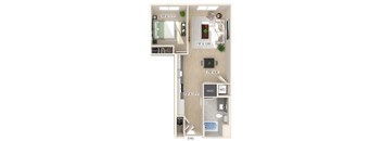 One bedroom floor plan at Bowen Apartments in San Diego CA