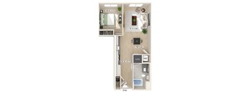 One bedroom floor plan at Bowen Apartments in San Diego CA