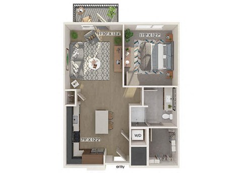 One bedroom one bathroom floor plan image at 1900 Parmer Apartments in Austin TX