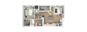 A floor plan of a two-bedroom apartment with a living room, kitchen, and bathroom.
