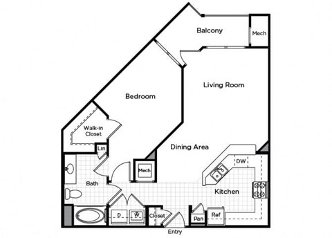 One bedroom one bathroom floor plan at Westchester at the Pavilions in Waldorf MD