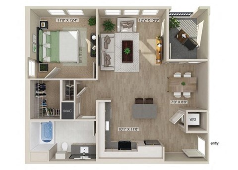 One bedroom floor plan image at West Village Poway Apartments in Poway CA