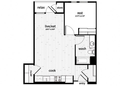 One bedroom floor plan at GEO Apartment in Fremont CA