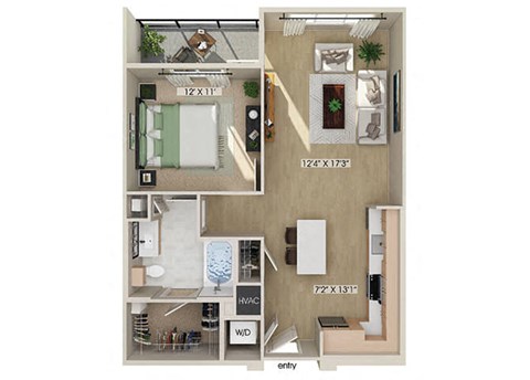One bedroom floor plan at Rivair Apartment Homes in San Diego CA