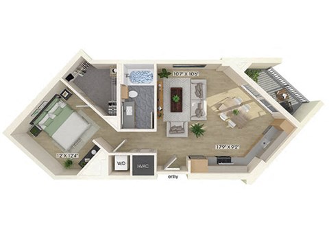 One bedroom floor plan at Treo Apartments in Fort Lauderdale FL