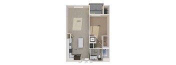 a 1 bedroom floor plan with a bathroom and a staircase