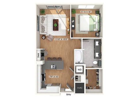 One bedroom floor plan at Heights at 1520 Apartments in Houston TX
