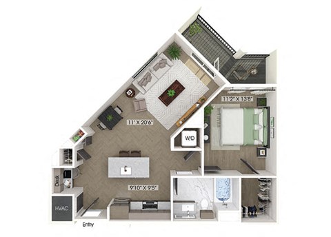 One bedroom floor plan at Station 316 in Woburn MA