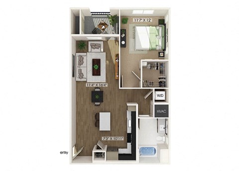 One bedroom floor plan image at West Village Poway Apartments in Poway CA