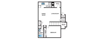 A floor plan of a house with a kitchen, living room, dining room, bedroom, bathroom and storage.