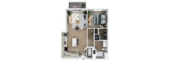 A floor plan of a two bedroom apartment with a kitchen and living room.
