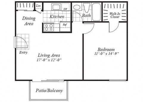 one bedroom floor plan at Ridgemoor apartments