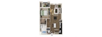 a stylized One bedroom floor plan image at West Village Poway Apartments in Poway CAplan with a bedroom and a bathroom
