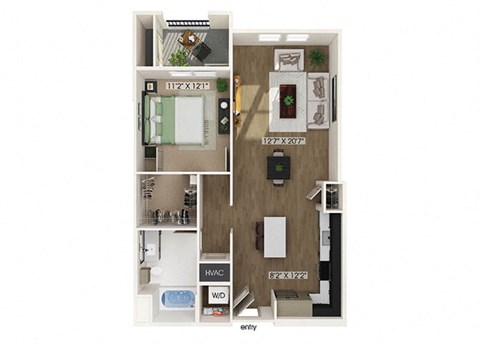 a stylized One bedroom floor plan image at West Village Poway Apartments in Poway CAplan with a bedroom and a bathroom