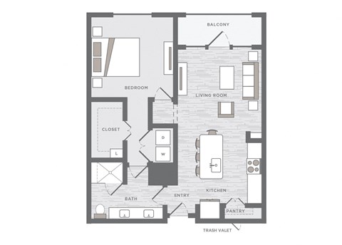 one bedroom floor plan at the Huntington Apartments in Plano TX