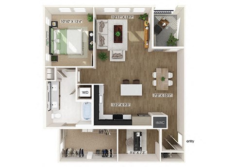 One bedroom floor plan image at West Village Poway Apartments in Poway CA