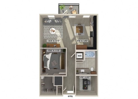 One bedroom floor plan at Luca Apartments in Austin TX