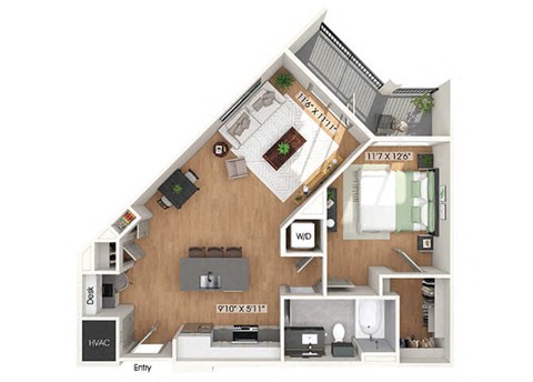 One bedroom floor plan at Heights at 1520 Apartments in Houston TX
