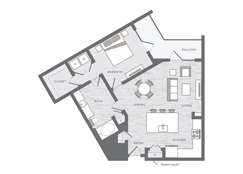 one bedroom floor plan at the Huntington Apartments in Plano TX