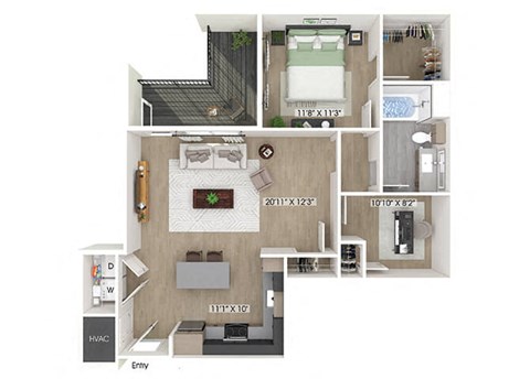 One bedroom floor plan at Station 316 in Woburn MA