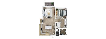 One bedroom floor plan at Merrick on Midway Apartments in Farmers Branch TX