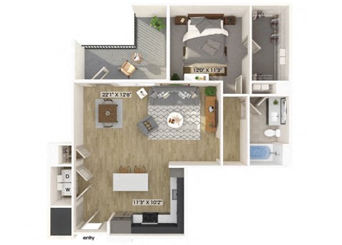 One bedroom floor plan at Luca Apartments in Austin TX