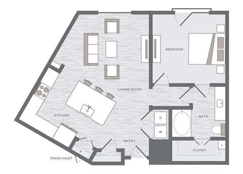 one bedroom floor plan at the Huntington Apartments in Plano TX