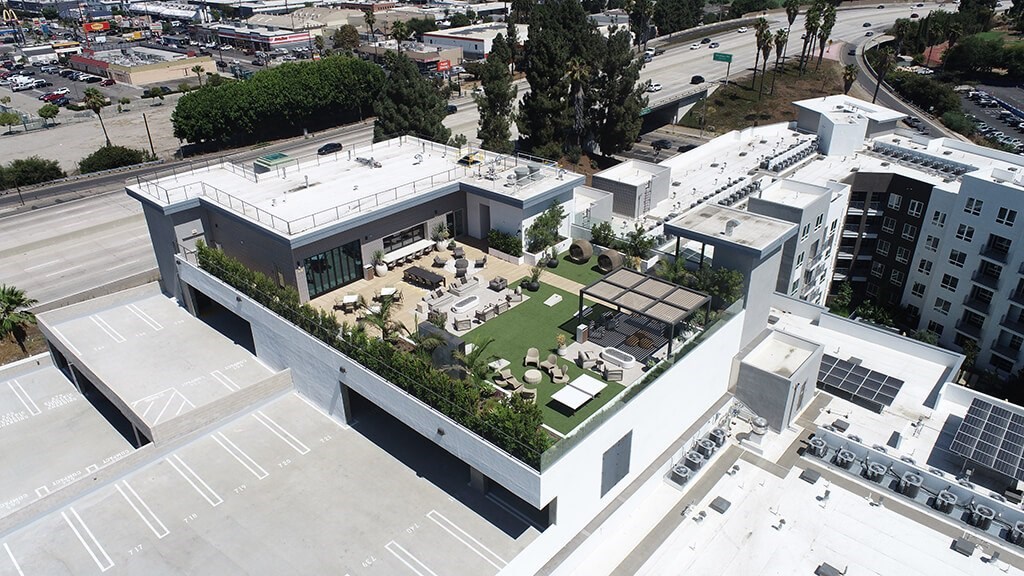Aerial Rooftop Deck at The Wylden Apartmetns in Los Angeles CA