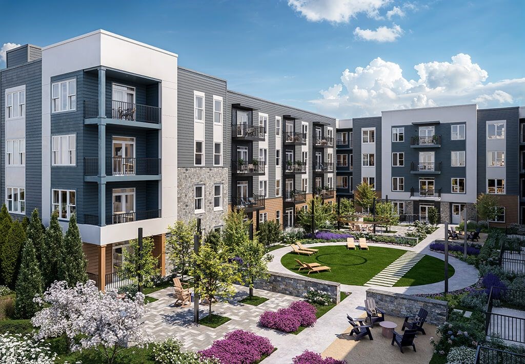 Aerial courtyard at Station 316 Apartments in Woburn MA