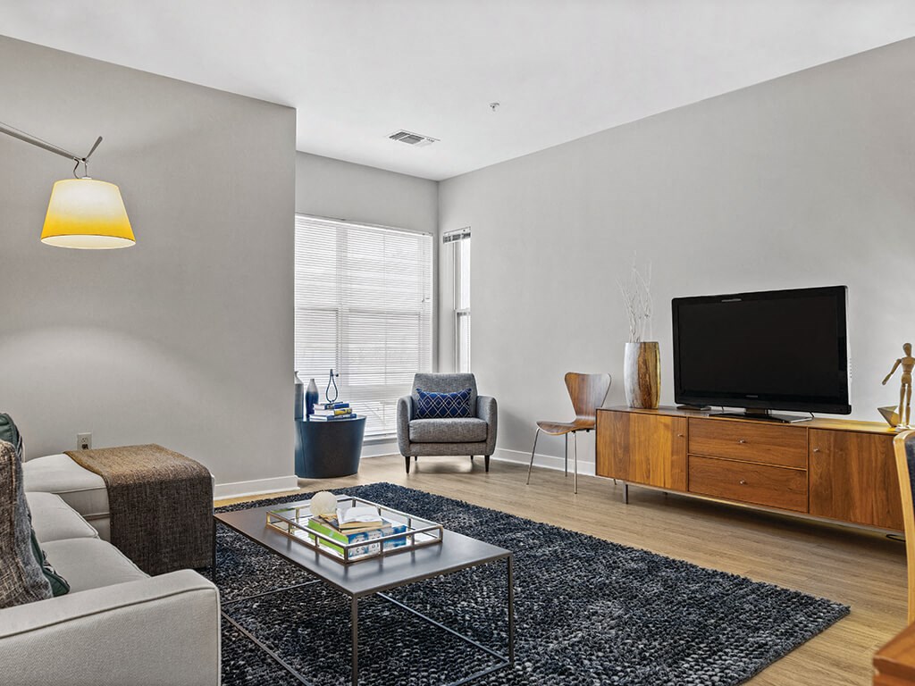 Living room at Axis Admirals Hill Apartments in Chelsea MA