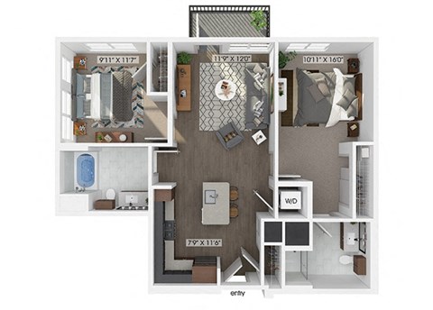 Two bedroom two bathroom floor plan image at V2 Apartments