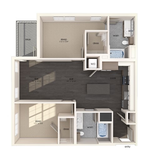 B01 two bedroom floor plan image at North at Totem Lake Apartments in Kirkland WA