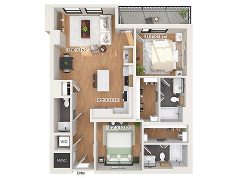 Two bedroom floor plan at 1010 Waugh Apartments in Houston TX