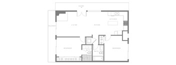 A black and white floor plan of a house with a balcony, living room, dining room, kitchen, and two bedrooms.