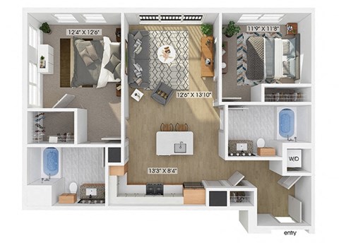 Two bedroom two bathroom floor plan image at V2 Apartments