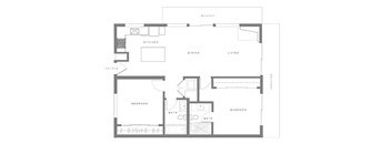 A floor plan of a house with a balcony, kitchen, dining area, living room, and three bedrooms.