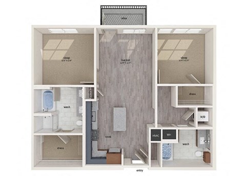 Two bedroom floor plan image at Vero Apartments in Chelsea MA