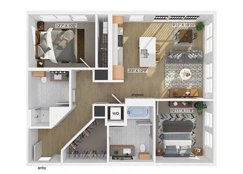 Two bedroom two bathroom floor plan image at V2 Apartments