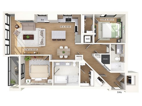 Two bedroom floor plan at 1010 Waugh Apartments in Houston TX