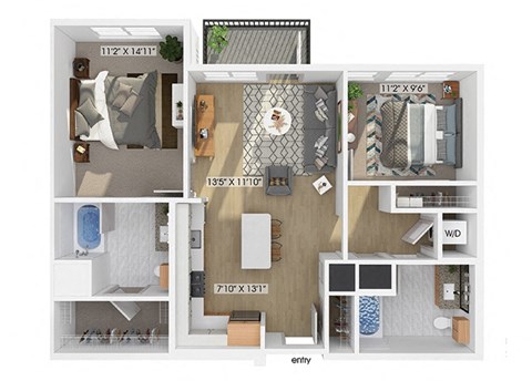 Two bedroom two bathroom floor plan image at V2 Apartments