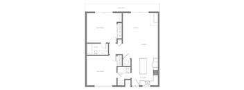 A floor plan of an apartment with a living room, dining room, kitchen, and three bedrooms.
