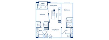 Two bedroom floor plan at Main and Jamboree Apartments in Irvine CA